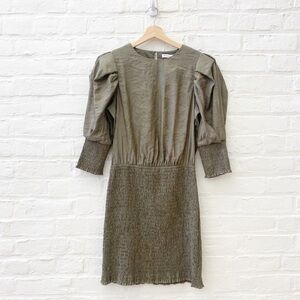 Rebecca‎ Minkoff || Geneva Smocked Puff Sleeve Dress in Army Green Medium